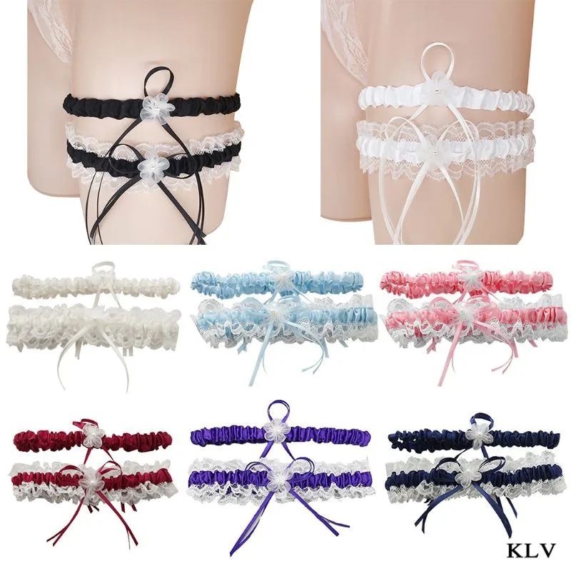KLV/свадебные бедренные подвязки комплект плиссированные оборки кружева бантом Цветочные имитация жемчуга эластичный нога кольцо