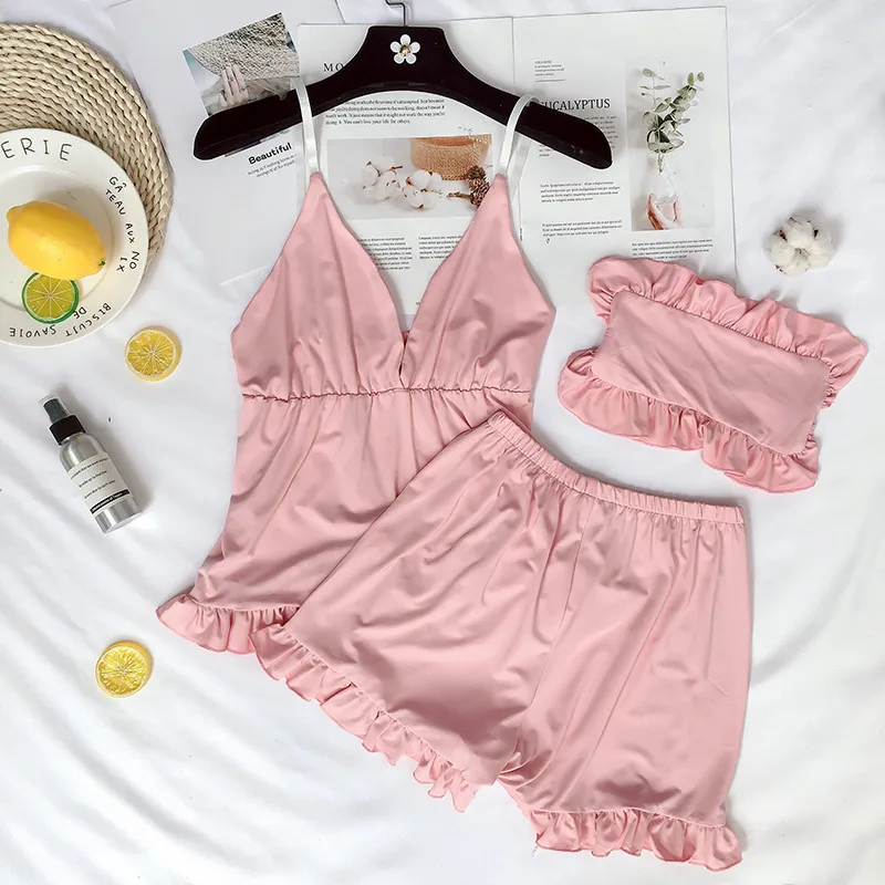 

Pink Pajamas Women Pijama Mujer Spaghetti Strap Shorts Blinder 3 Pieces Set Ruffles Sleepwear Nightwear pyjamas S88793