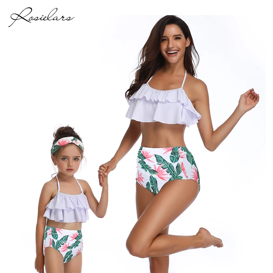 Kaufen 2019 ROSIELARS Familie Passenden Badeanzug Frauen und Mädchen Rüschen Floral Zwei Stück Bademode Bikini Hohe Taille Bademode
