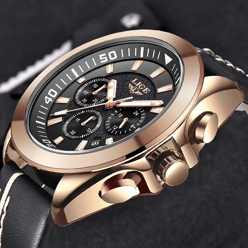 

Men Business Top Brand LIGE Luxury Fashion Gold Watch Male Casual Leather Military Waterproof Sport Wristwatch Relogio Masculino