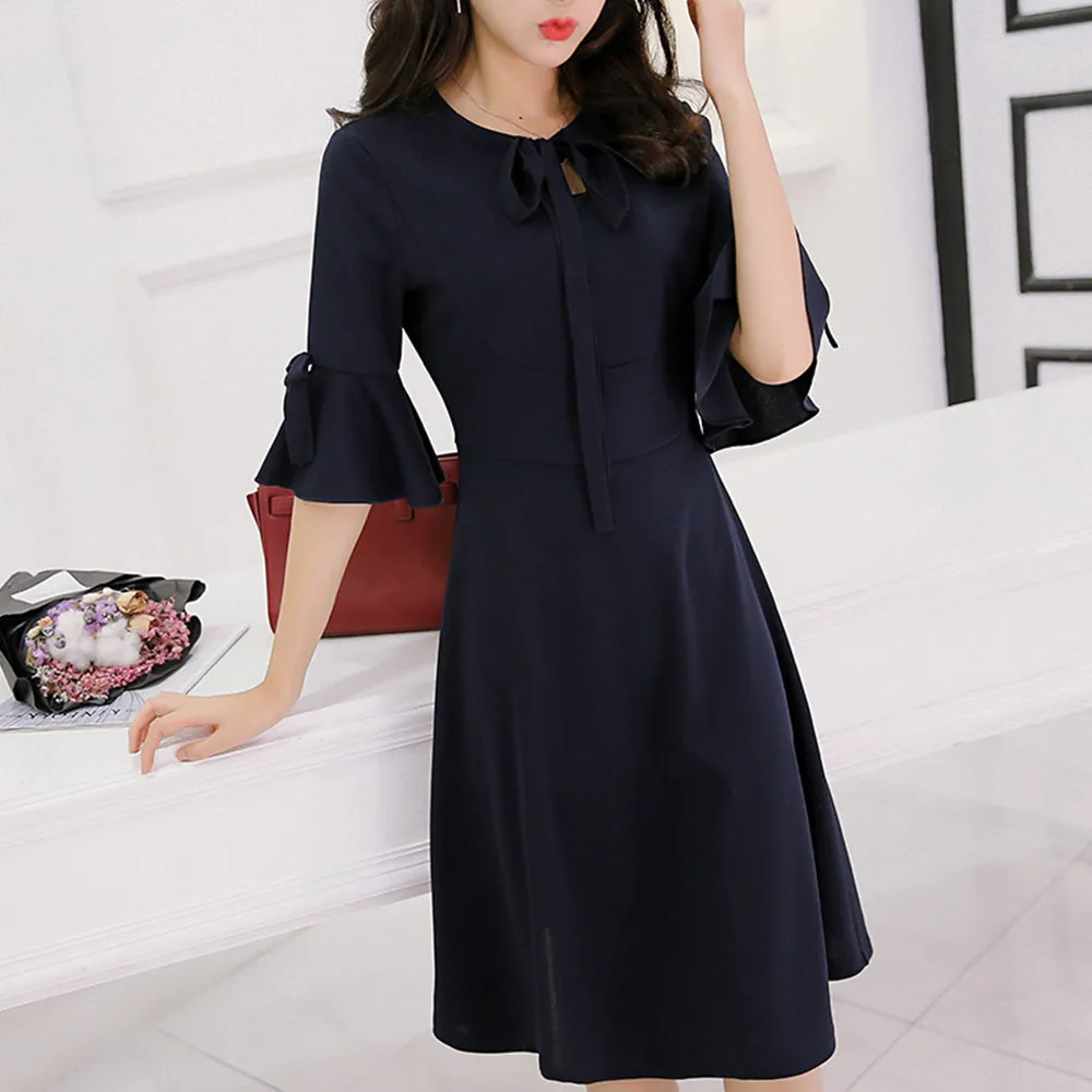Feitong Flare Sleeve Elegant Dress Women's Korean style Solid Black ...