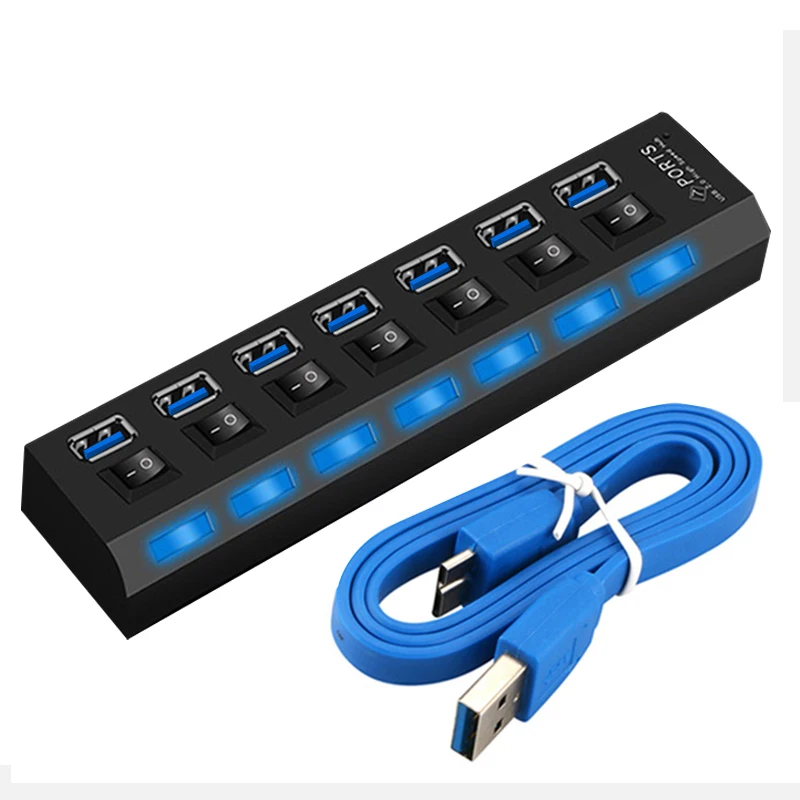 

USB HUB 7 Port USB 3.0 Hub High Speed 5Gbps with Switch USB Splitter usb 3 hub with Power Adapter Multiple usb hab for PC Laptop