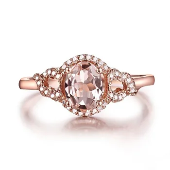 

HELON Solid 10k Rose Gold Oval Cut 7x5mm Morganite Natural Diamonds Ring Gemstone Diamonds Engagement Wedding Ring Present