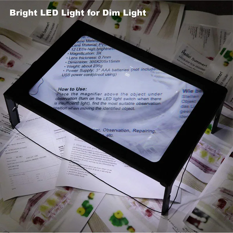 Magnifying Glass Reading Magnifier 1pc Portable A4 Full Page 3X Foldable Hands Free With LED Lights