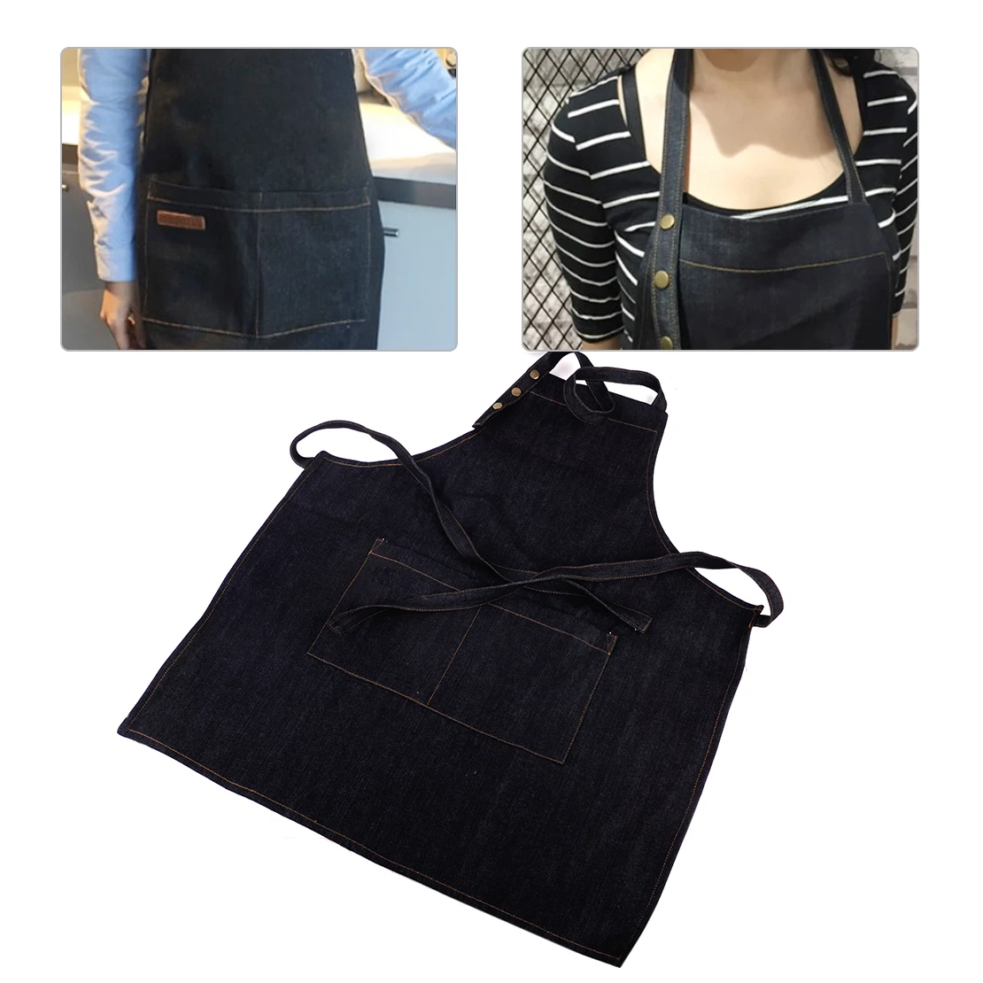 

LETAOSK Cooking BBQ Denim Apron With Pockets Kitchen Chefs Barista Craft Baking Cleaning Work Uniform Bartender Household