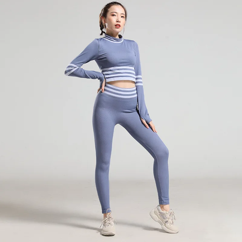

ESHINES 2019 new yoga fitness suit women striped seamless tight long-sleeved hip high waist running sports and leisure suit