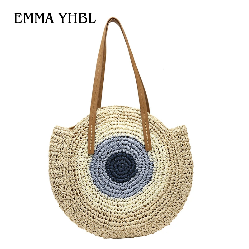 

EMMA YHBL Hand-woven Round Woman's Shoulder Handbag Bohemian Summer Straw Beach Contrast color Bag Travel Shopping Female Bags