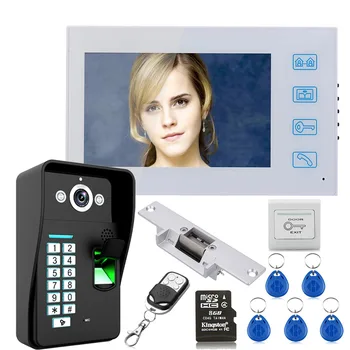 

7" HD Recording Fingerprint RFID Video Door Phone Intercom Doorbell System kit With 8G TF Card With NO-Electric Strike Door Lock