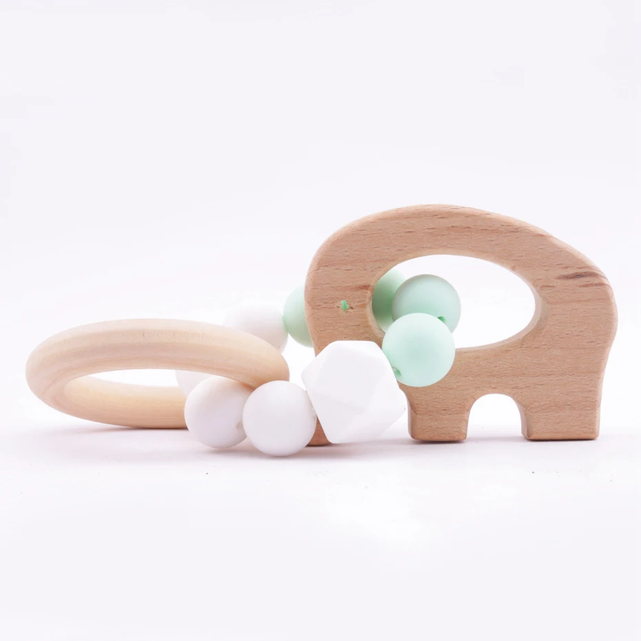 

CHEWELRY 1pc Baby Teethers Baby Rattle Toys Silicone Beads Beech Wood Animals Elephant Chew Teething Bracelets Baby Shower Gift