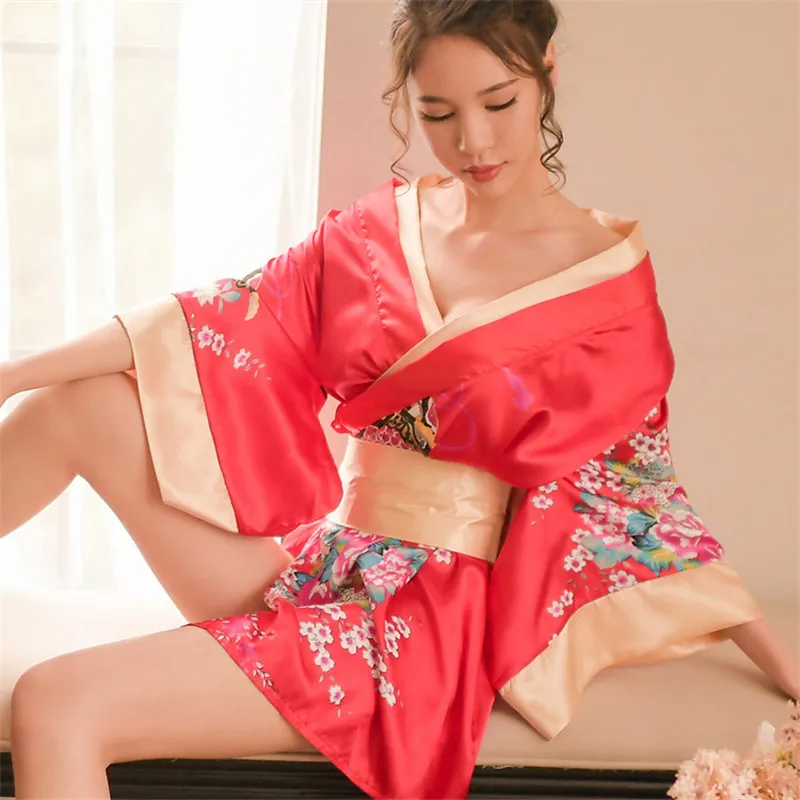 

Red&Black Japanese kimono slik Floral Print sexy lingerie nightgown chemise cosplay erotic underwear babydoll costumes AD476