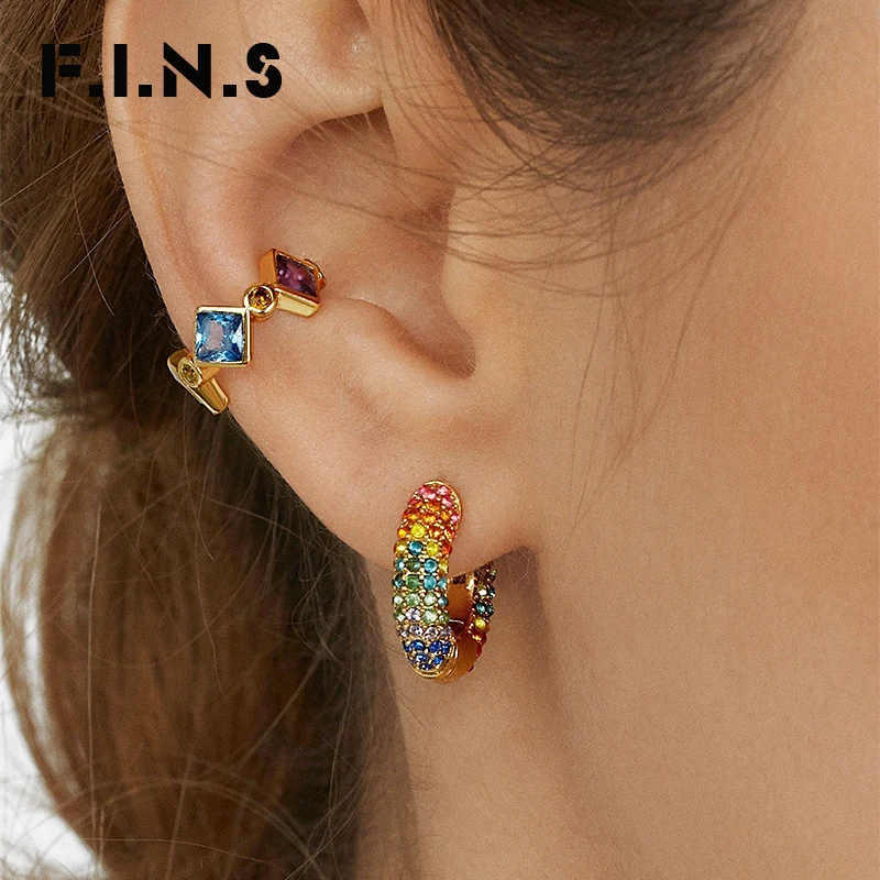 

F.I.N.S Rainbow Colorful Crystal Rhinestone Paved Mini Small Hoop Earrings for Women Golden Cooper Ear Hoops For Decoration