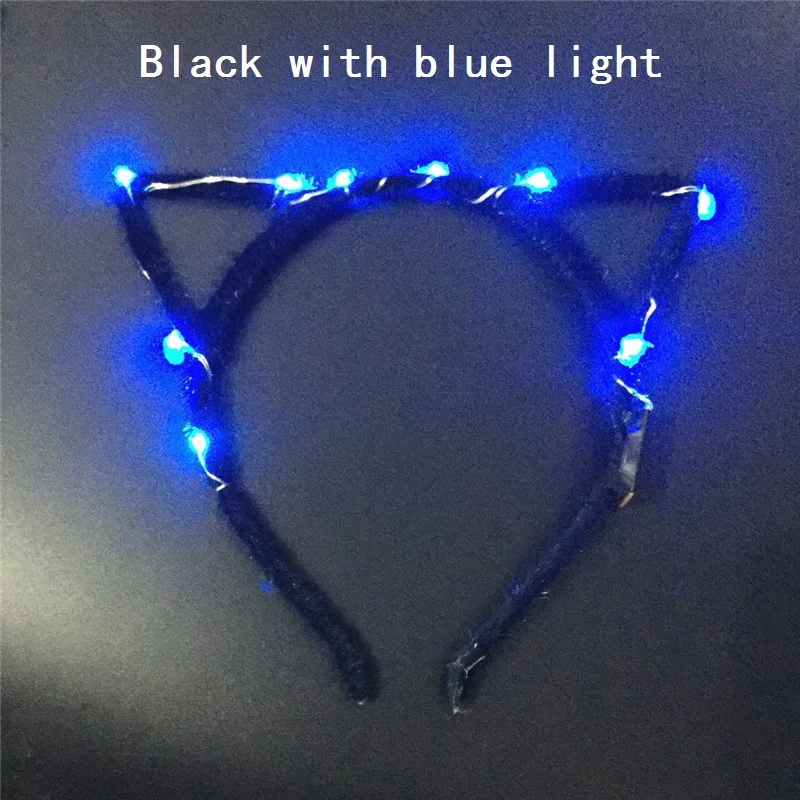 Светодиодный светильник с кошачьими ушками, повязка на голову, вечерние светящиеся принадлежности для женщин и девочек, мигающий ободок для волос, концертный веер, подарок - Цвет: black with blue ligh