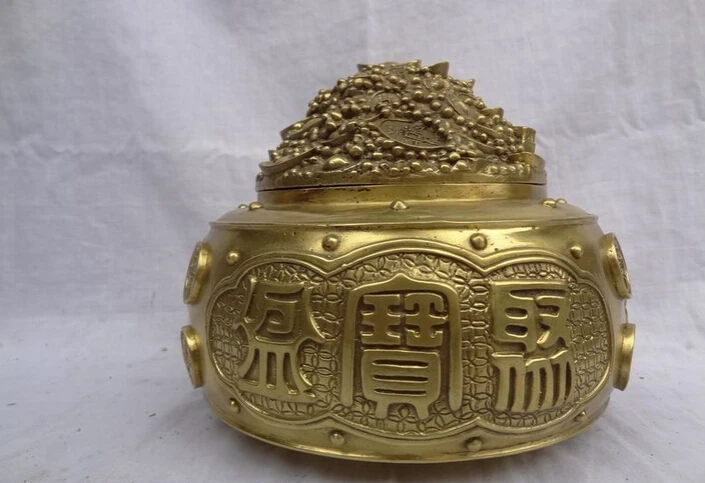 

Collectible bronze S1362 9" Chinese Pure Brass Wealth YuanBao Cai Fu Coin Statue Box Treasure Basin B0403