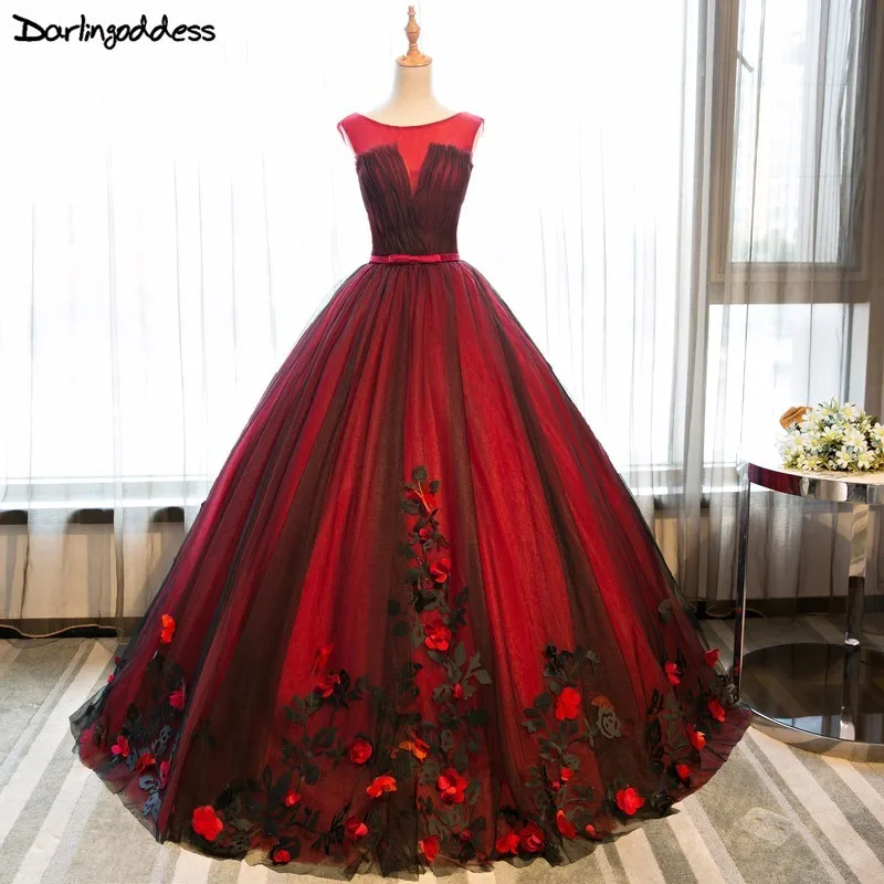 

Darlingoddess Real Photo Ball Gown Evening Dresses 2018 Backless Red Black Formal Dresses Butterfly Flower Party Evening Gowns
