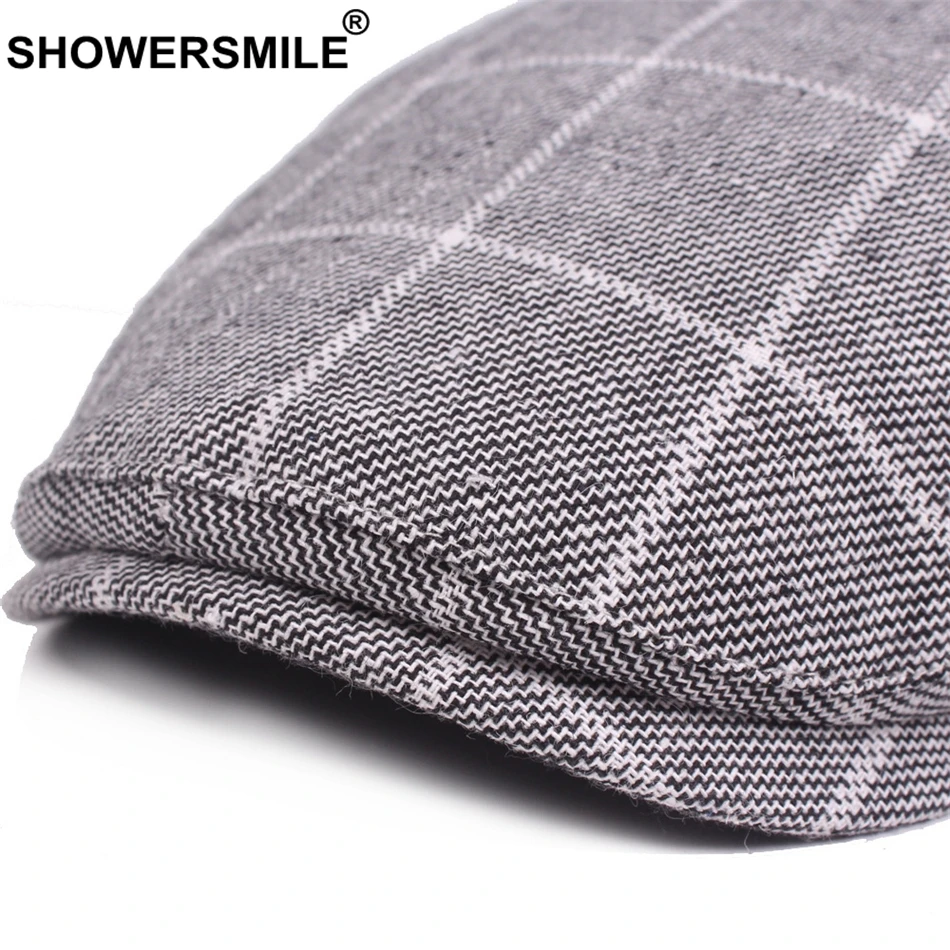 SHOWERSMILE Men's Blue Berets Plaid Adjustable Cotton Flat Cap Male Summer Autumn Classic England Breathable Duckbill Hat New mens berets for sale