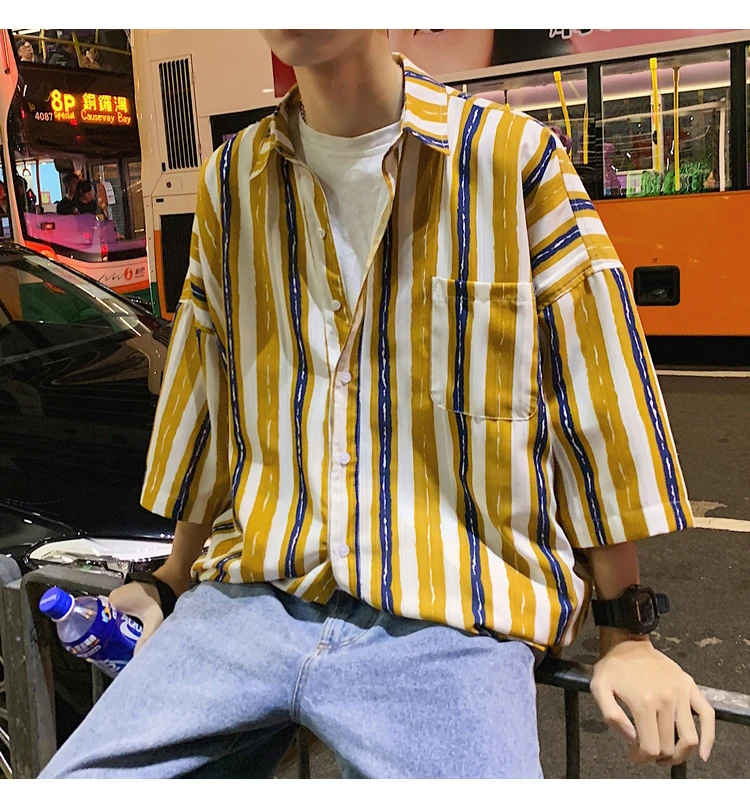 Harajuku полосатые рубашки для мужчин s Уличная Повседневная рубашка с коротким рукавом Пара Корейская негабаритная Дизайнерская одежда