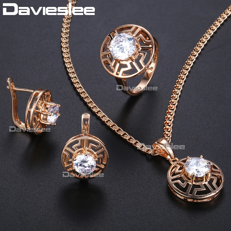 

Davieslee Jewelry Sets For Women Rose Gold Color Clear Cubic Zirconia Women's Earrings Rings Pendant DGE121