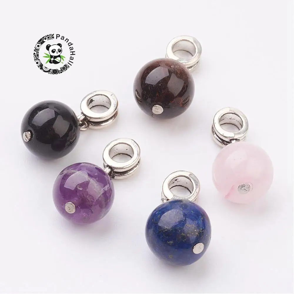 

50pcs/lot 25mm Alloy European Round Dangle Large Hole Pendants Charms with Natural Semi-Precious Stone Beads with 4.5mm Hole