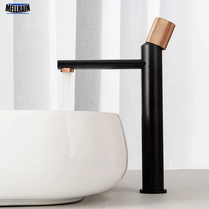 

Matt Black & Gold Rose Faucet 100% Brass Bathroom Basin Faucet Knurling Design Deck Mounted Water Mixer Tap Brushed Gold