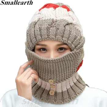 

2018 New Knitted Winter Plush Hat Scarf Set Women Thick Cotton Pompom Beanies Collar Scarf Female Masks Hat Sets Accessories