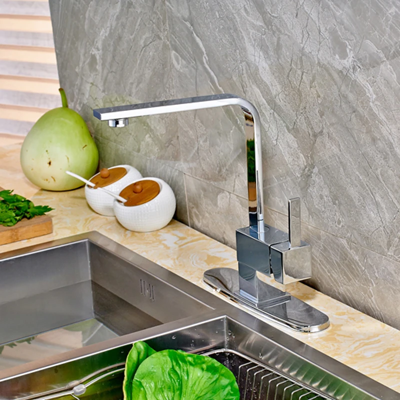 

Contemporary Chrome Countertop Kitchen Sink Faucet Swivel Spout Mixer Tap with Cover Plate