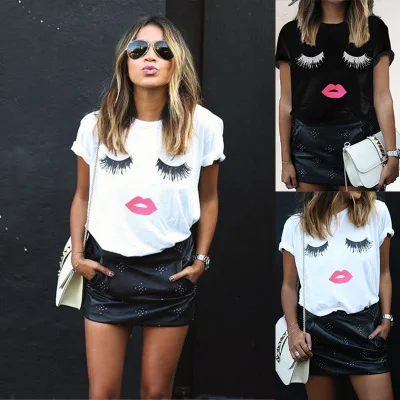 

Eyelashes + red lip pattern short sleeve T-shirt in European and American women's wear