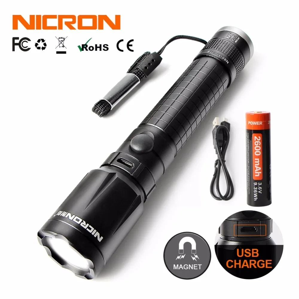 

NICRON 5W Zoom USB Charging Aluminum Flashlight 350LM 2600mAh 18650 Li-ion Rechargeable Battery With Strong Magnet Tail N6F
