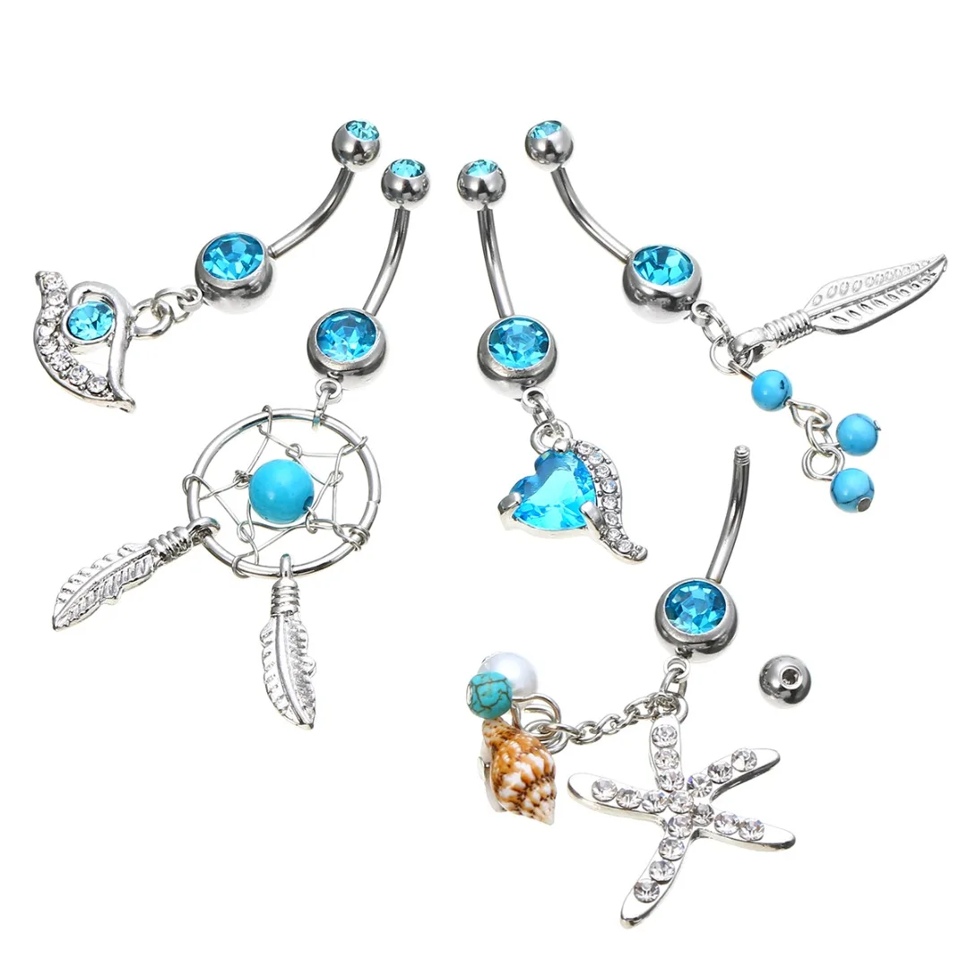 

Women Sexy Rhinestone Body Piercing Jewelry Accessories Shellhard Blue Dream Catcher Starfish Dangle Navel Belly Button Ring7pcs