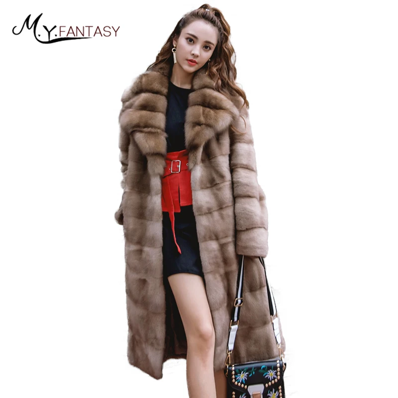 

M.Y.FANSTY Winter 2019 Luxurious Purple Mink Fur Coats Turn-Down Collar Strip Coat Women's Noble X-Long Causal Sashes Mink Coats