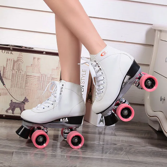 Cheap RENIAEVER Roller Skates Double Line Skates White Women Female Models Adult F1 Racing 4 Wheels Two line Roller Skating Shoes