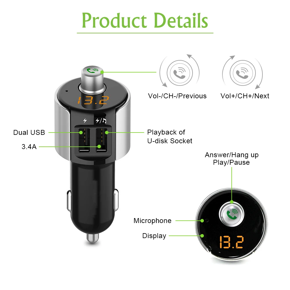 Fm-передатчик Bluetooth автомобильный двойной USB 3.4A трансмиссор Handsfree модулятор Transmetteur комплект радио MP3 мини автомобильное зарядное устройство