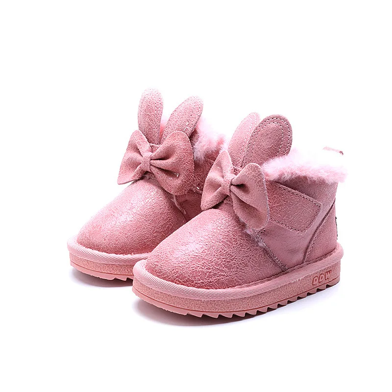 

Kalupao Rabbit Bowknot Winter Girls Boots Rubber Boots with Fur Hook & Loop Flat with Snow Boots for Girls Children Winter Shoes