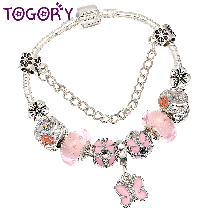

TOGORY High Quality Silver Plated Pink Murano Crystal Beads Brand Bracelet European Charm Bracelet for Women Jewelry Gift
