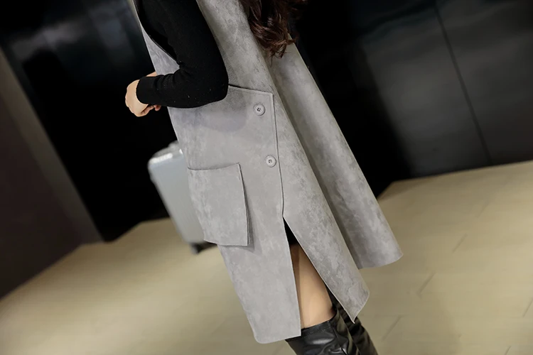 Side Buttons Split Soft Suede Fabric Long Women Vest Coat Pockets Plus Size Colete Solid Faux Weste Open Stitch Colete feminina
