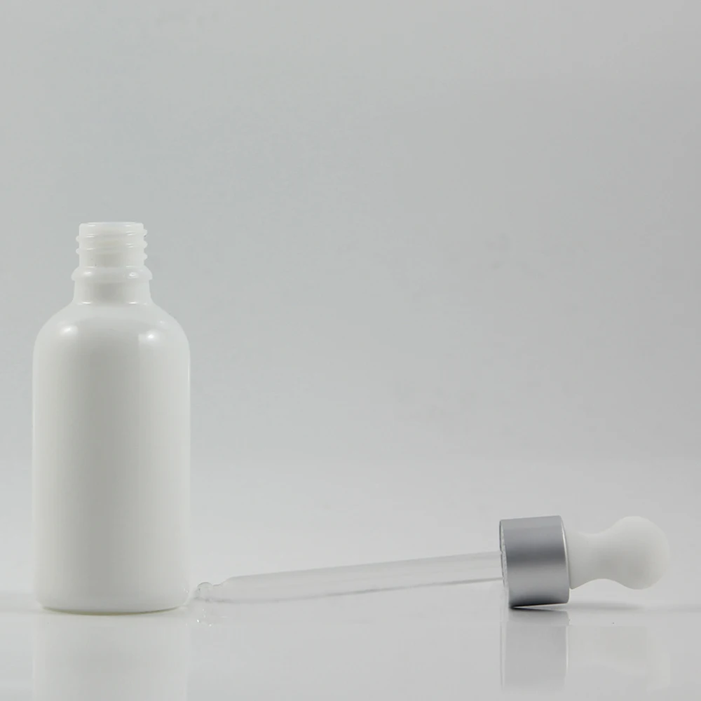 

Оптовая продажа, белая круглая бутылка-капельница 50 мл, пустой стеклянный контейнер-капельница 50 мл, бутылка для эфирного масла с серебряной капельницей
