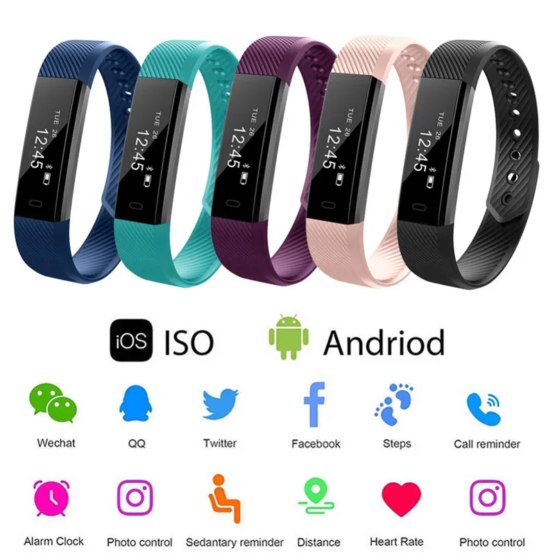 ID115 Fitness Tracker Smart Bracelet Pedometer Bluetooth Smartband Heart Rate Waterproof Sleep Monitor Wrist Watch | Электроника