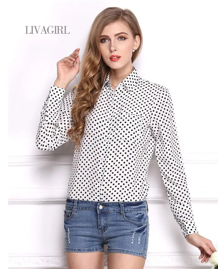 

2018 new women's black wave point shirt chiffon shirt large size autumn and winter bottoming shirt dot long-sleeved shirt