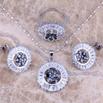 

Wonderful Black Cubic Zirconia White CZ Silver Plated Jewelry Sets Earrings Pendant Ring Size 6 / 7 / 8 / 9 / 10 S0133