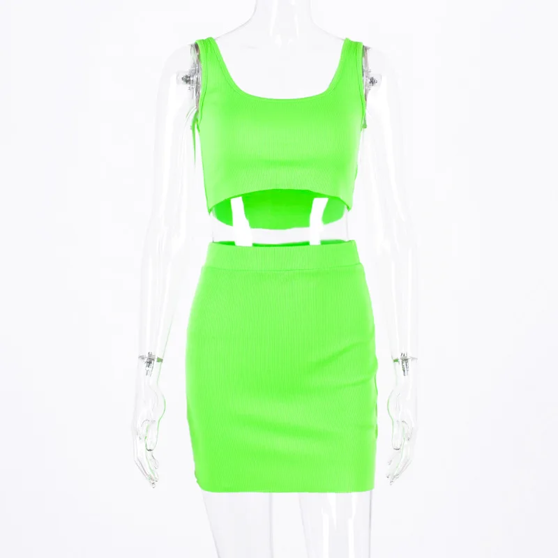 Криптографический неоновый модный клубный наряд, Женский комплект из двух предметов, безрукавка, топ с высокой талией, юбка, комплект подходящей одежды для фестиваля - Цвет: neon green