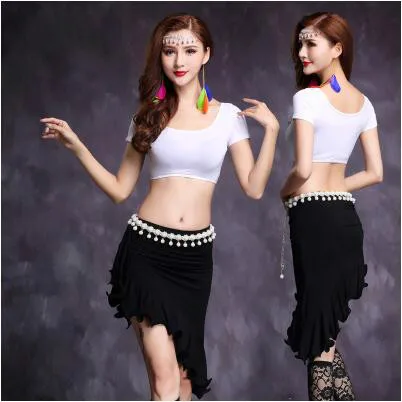 Kopen Goede Kwaliteit buikdans kostuum set bellydance pratice kleding 7 kleuren Top rok M, L, XL