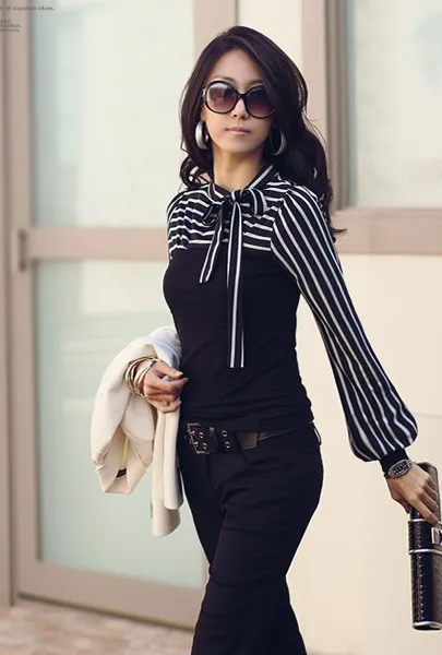 Новая короткая Мода бант воротник полосатый длинный рукав блузки рубашки для женщин большой размер Пуловеры Рубашки Топы Черный Белый