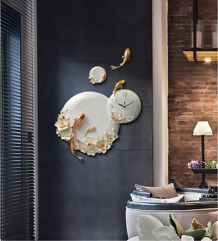 Роскошные индивидуальные рельефные настенные часы для дома гостиной 3D настенные рыбки цветы Фреска смолы часы Свадебные украшения ремесла Искусство