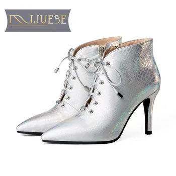 

MLJUESE 2018 women ankle boots Cow leather Silver color lace up snake strip high heels winter warm short plush women boots
