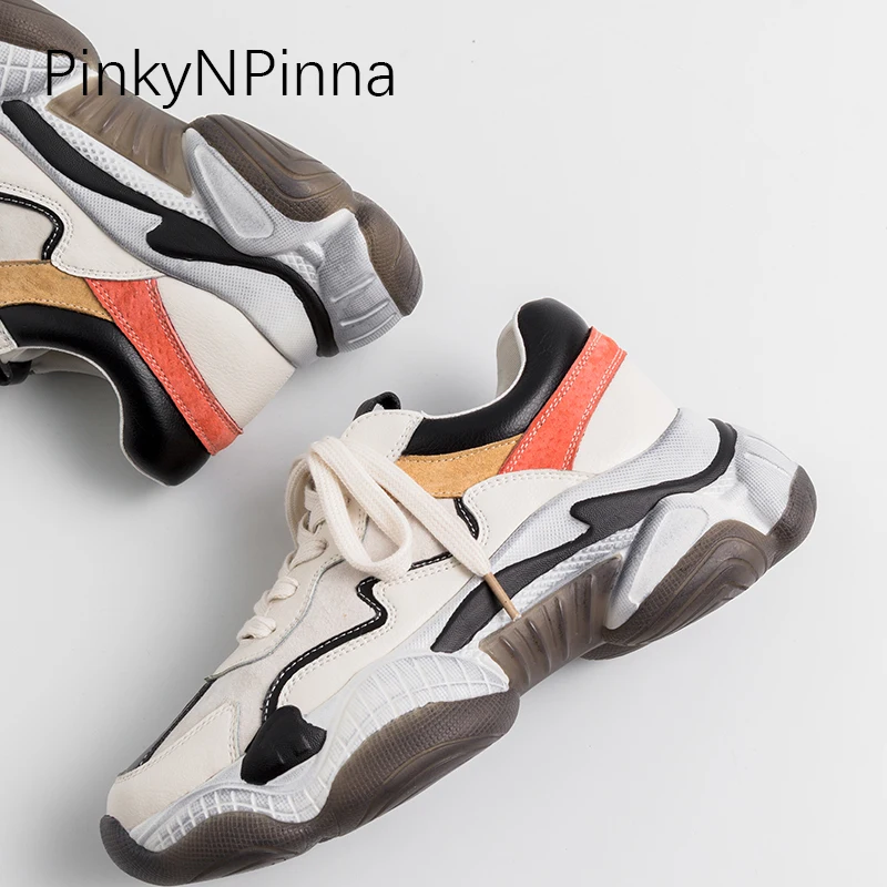 Mélangées forme Beige Plat Sneakers Femme En Pour Plate Lacets black Couleurs Coudre Nouveau De Porc Cuir À Décontracté 2019 Peau Sale Papa Chaussures Véritable Vache 0wOnPk
