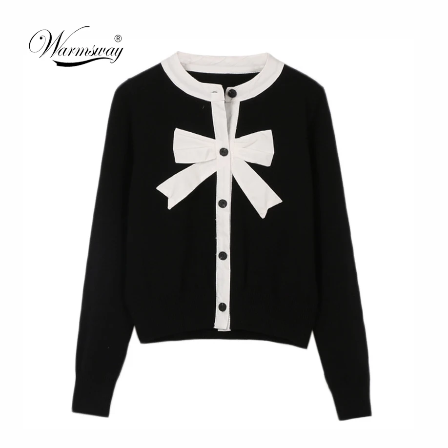 

2019 Sweet Cardigan Female Black White Color Block Bow Patchwork O-neck Single Breasted Knitted Sweater Women sueter mujer C-041