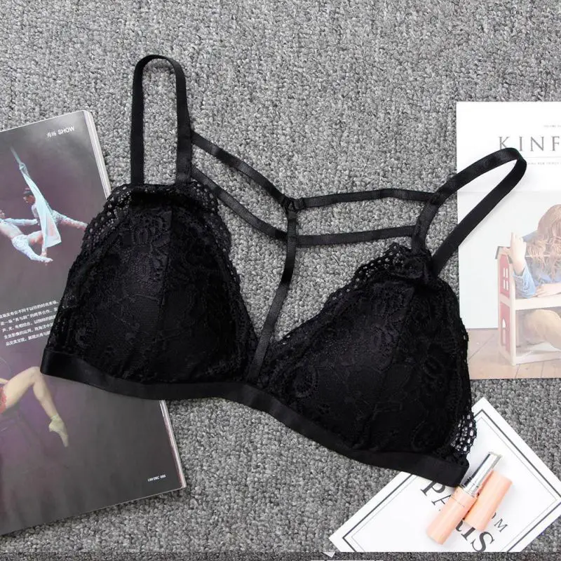Deep V Hollow Lace Seamless Bras Wire Free Fixed Straps Backless Padded