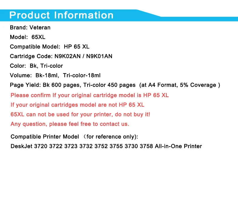 Ветеран 65XL сменный картридж для принтера для hp 65 xl hp 65 для hp DeskJet3720 3722 3755 3730 3758 Envy 5010 5020 5030 5232 принтер