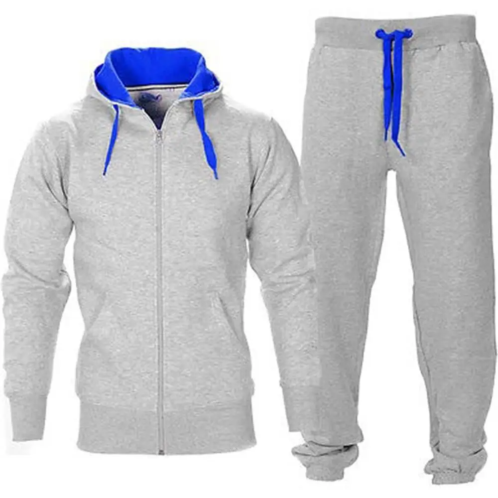 Autumn Winter Men Hoodies Set Brand Male Casual Solid Tracksuit Zipper Hooded Sweatshirt Jacket+Sweatpants Mens Tracksuit - Цвет: EL025Light Grey-Blue