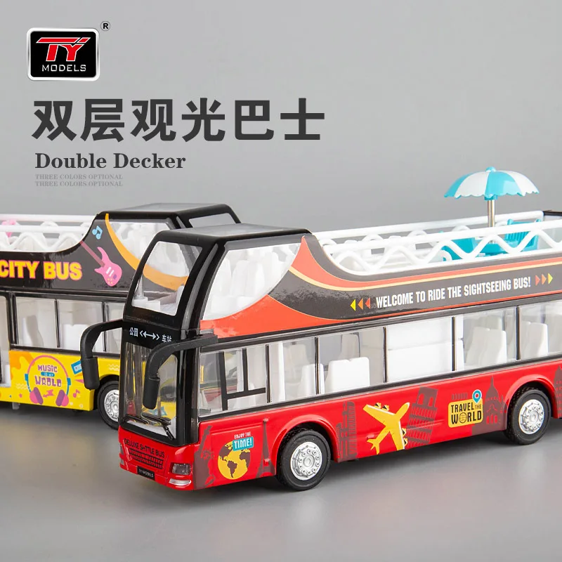 

1:50 car model simulation travel double-decker sightseeing bus children's alloy car toy car model sound and light pull back car