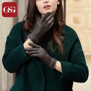 

GSG Touchscreen Leather Gloves for Women Winter Warm Lined Handmade Print Embossed Fashion Bead Rivets Driving Gloves for Party